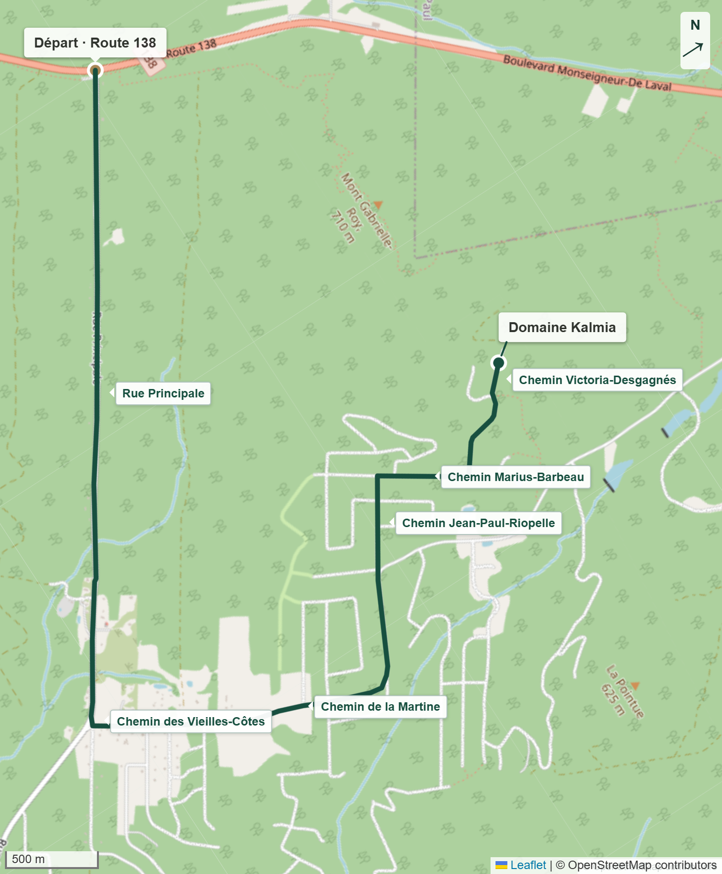 Carte orientée du trajet depuis la route 138 vers Domaine Kalmia, avec les noms des rues et le nord indiqué
